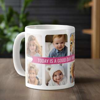 Mug Collage de 8 photos avec ruban texte personnalisé 
