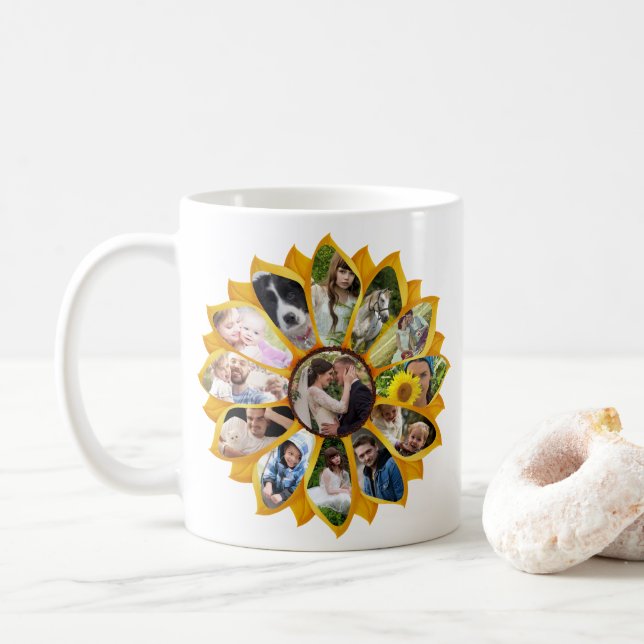 Mug Collage de photos familiales tournesol 13 images F (Avec donut)