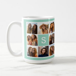 Mug Collage photo avec monogramme en blanc et menthe
