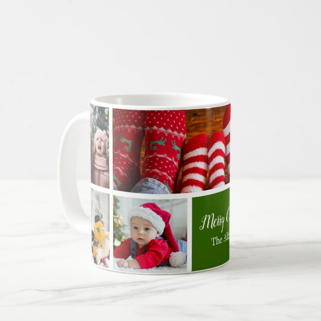 Mug Collage photo de Noël 5 avec nom de famille, vert (Devant gauche)