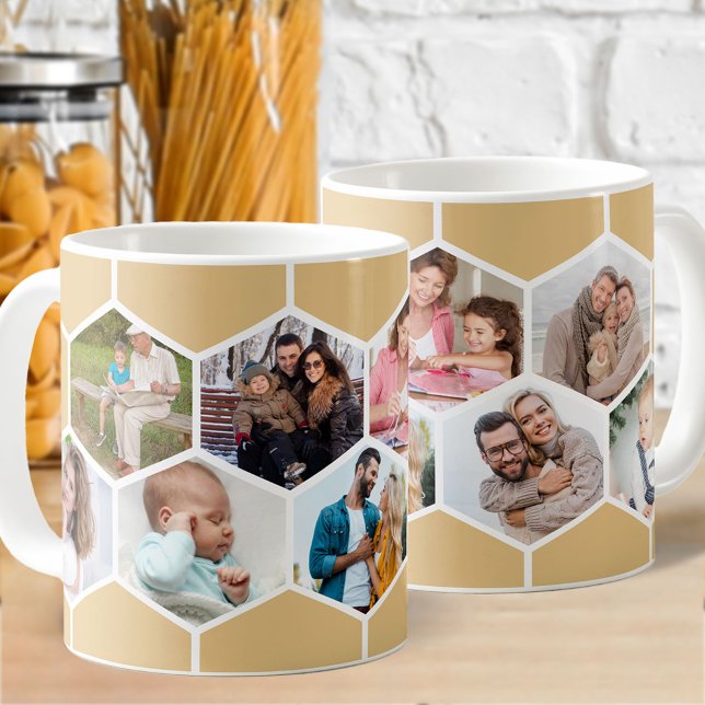 Mug Collage photo géométrique 9 photo 11oz (Photo mug with 9 of your favorite pics and honey beige hexagon honeycomb pattern)