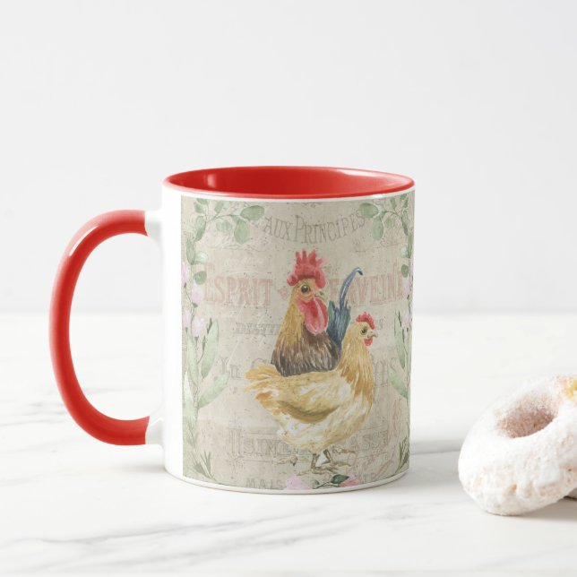 Mug Collage vintage - coqs et fleurs (Avec donut)