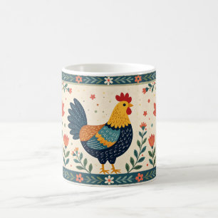 Mug Colorée Art populaire Poulet et Fleur frontière