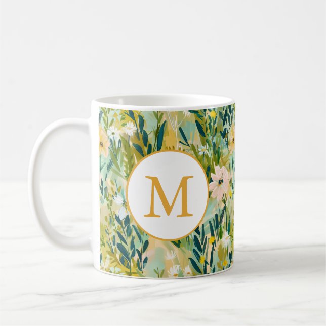Mug Colorful Green Flower Watercolor Pattern Monogram (Gauche)