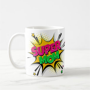 Mug Comic Pop Art violet vert jaune SUPER MOM Funny
