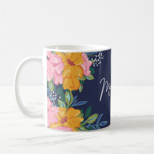 Mug Composition florale moderne rose et jaune à monogr