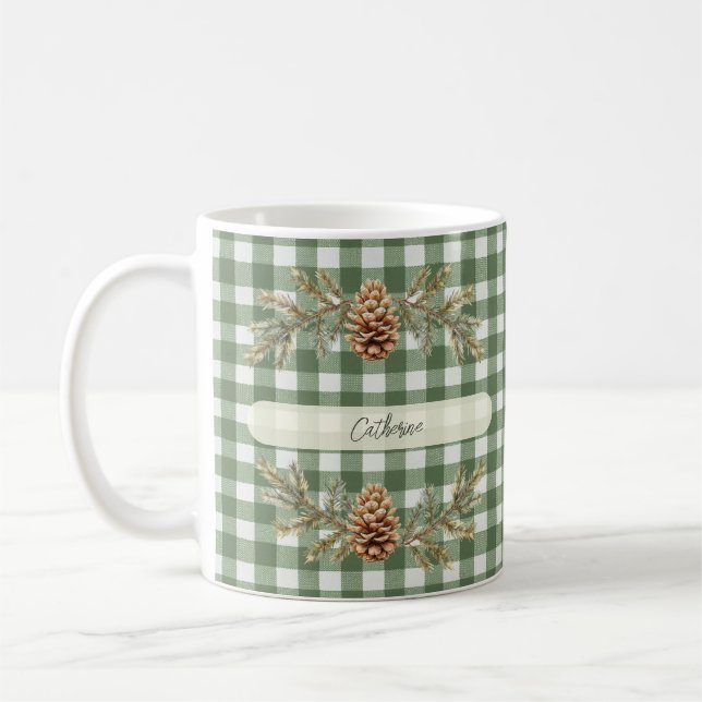 Mug Cônes et branches de pin En vichy personnalisées (Gauche)