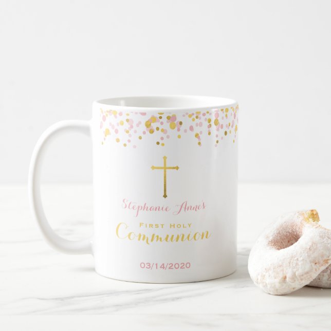 Mug Confetti de communion rose et or (Avec donut)