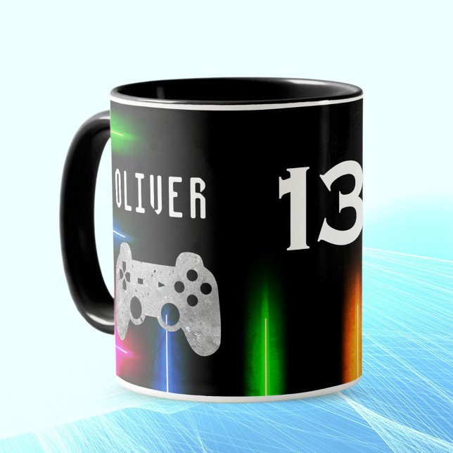 Mug Contrôleur de jeu vidéo Gamer Neon Nom âge (Créateur téléchargé)