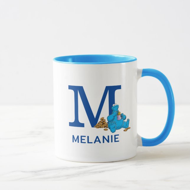 Mug Cookie Monster Manger Cookies Nom et monogramme M (Droite)