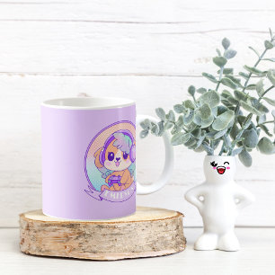 Mug Cool Kawaii Gamer Girl Dog en violet avec nom