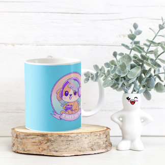Mug Cool Kawaii Gamer Girl Dog in Baby Blue avec nom