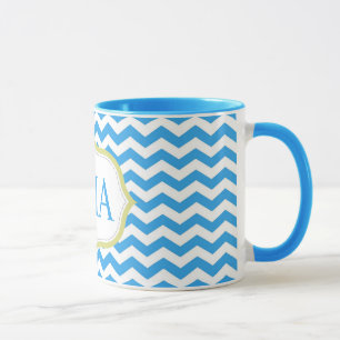 Mug cool moderne rayures de chevron bleu monogramme in