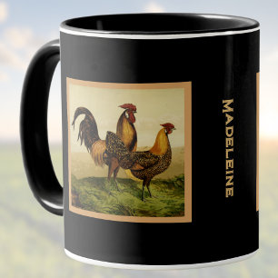 Mug Coqs Hambourg dorés au crayon Monogramme noir