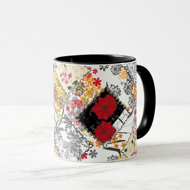 Mug Coquelicots de couture patchwork rétro vintage san (Devant droit)