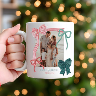 Mug Coquette Red Green Bows 2 Photos Noël Holiday