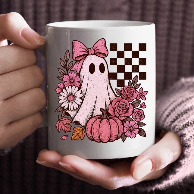 Mug Coquette rose rétro Fille fantôme avec Bow Hallowe (This coquette ghost retro Halloween design combines floral sweetness with spooky spirit.)