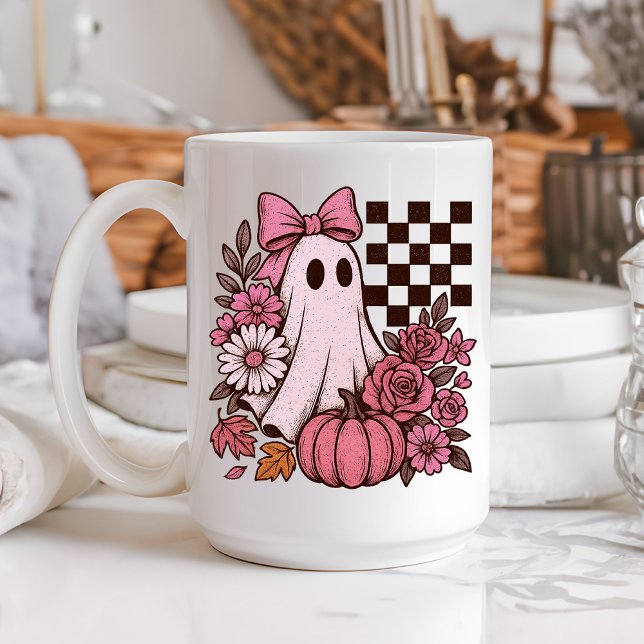 Mug Coquette rose rétro Fille fantôme avec Bow Hallowe (This coquette ghost retro Halloween design combines floral sweetness with spooky spirit.)