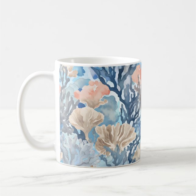 Mug Corail Bleu Beige Vie marine Océan Art (Gauche)