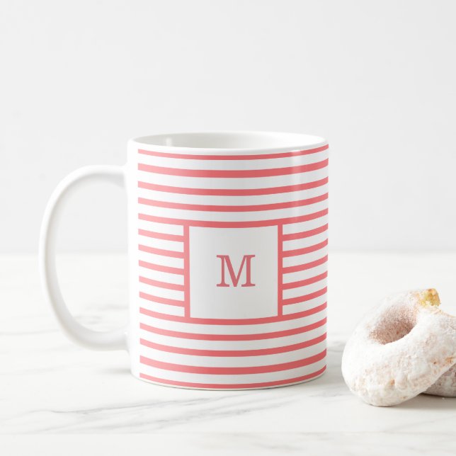 Mug Corail rouge et blanc rayures personnalisées Monog (Avec donut)