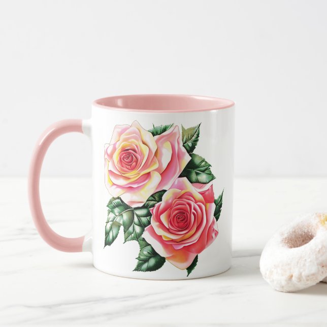 Mug Coral rose roses et Jade Green Feuilles (Avec donut)
