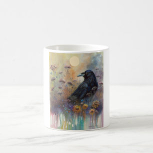 Mug Corbeau peint à la main avec Fleurs sauvages