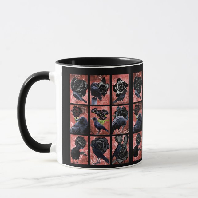 Mug Corbeaux et corbeaux rose noirs collage d'art goth (Gauche)