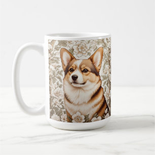 Mug Corgi Élégant Crème Floral Inspiré de William Morr