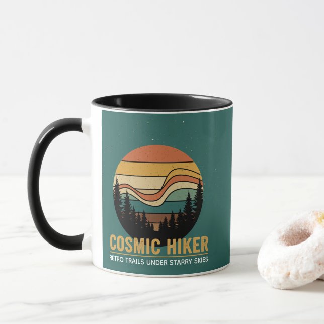Mug Cosmic Hiker Retro 70s Sunset Space Forest Stars (Avec donut)