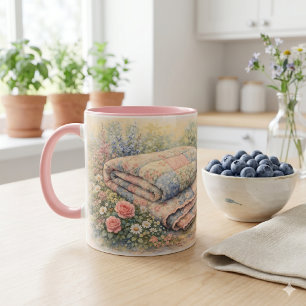 Mug Cottagecore Courtepointe Fleurie en Patchwork Aqua