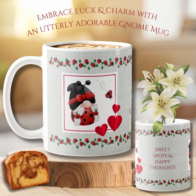 Mug Cottagecore Gnome Ladybug Chanceuse (This cheerful mug is designed to bring a smile to your face and a spot of good luck to your day)