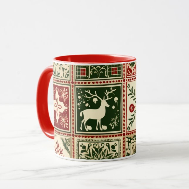 Mug Couette rouge vintage et verte Carrés Noël (Devant gauche)