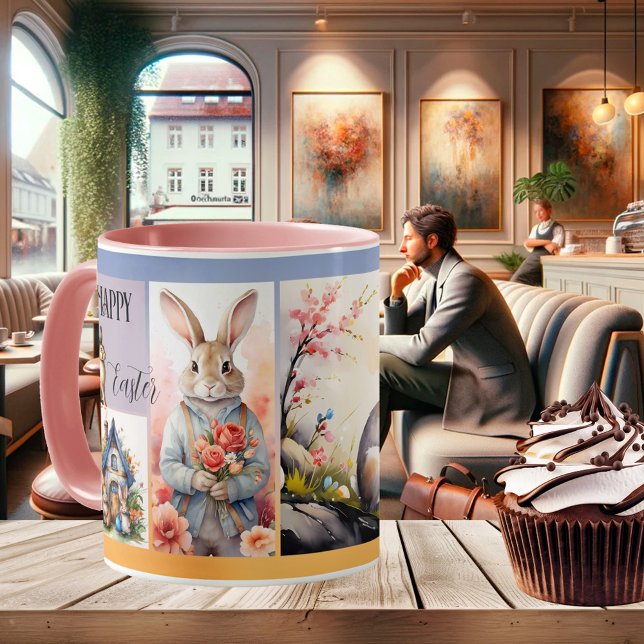 Mug Couleur d'eau ou photo du lapin de Pâques (Cute girly Easter mug with your photos - or watercolor images of bunnies - on a pastel design)