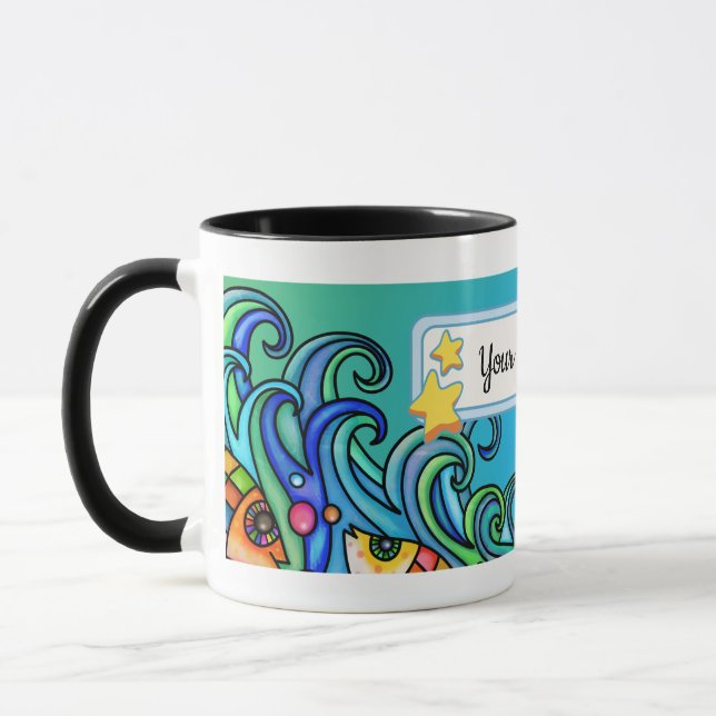 Mug Couleurs vives, Vagues - Poissons Doodles, Personn (Gauche)