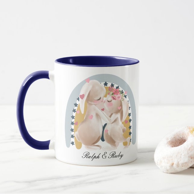 Mug Couple Couple Bunny Rainbow Customisé Cadeau lui (Avec donut)