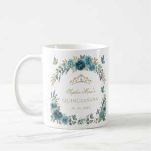 Mug Couronne de Fleurs Papillon Sarcelle Or Quinceañer