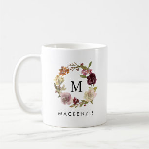 Mug Couronne de monogramme de nom à l'aquarelle floral