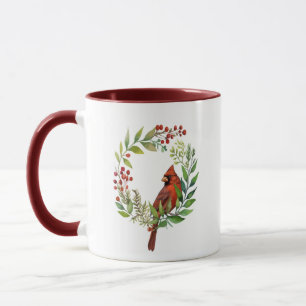 Mug Couronne de Noël oiseau cardinal rouge aquarelle