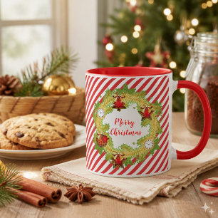 Mug Couronne de vacances de Noël Joyeux rayures rouges