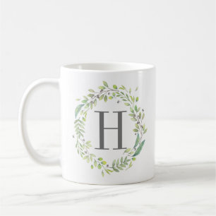 Mug Couronne de verdure à l'aquarelle et monogramme