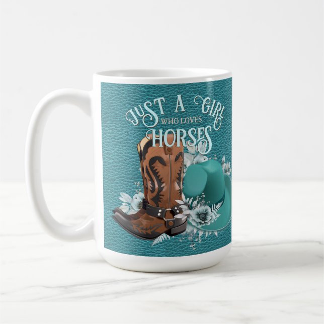 Mug Cowgirl citation turquoise cuir cowboy bottes chap (Gauche)