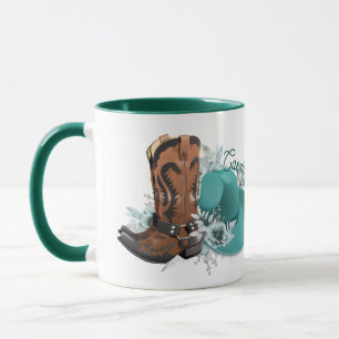 Mug Cowgirl cowboy bottes casquette turquoise nom brun