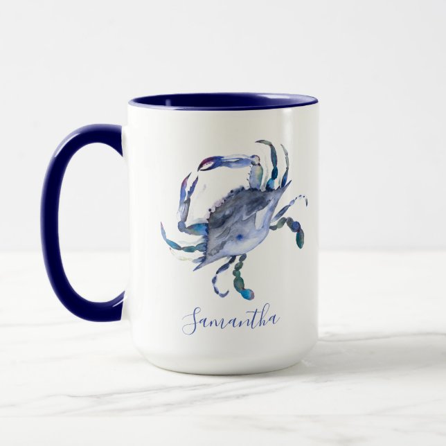Mug Crabe bleu Thème de plage personnalisé Café (Gauche)