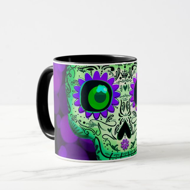 Mug Crâne de sucre vert et violet brillant Halloween (Devant gauche)