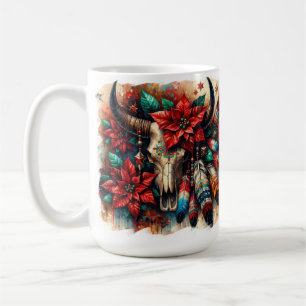 Mug Crâne de taureau de Noël poinsettias plumes de vac
