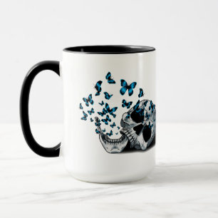 Mug Crâne et papillons bleus noir et blanc