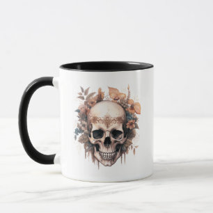 Mug Crâne Orange et Fleurs Vertes Halloween Blanc
