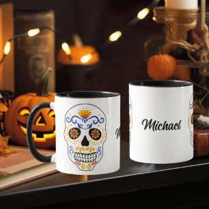 Mug Crâne Sucre Bleu Et Orange Avec Nom Musique