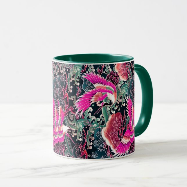 Mug CRANES DE VOL, VAGUES, FLEURS Rose Japonais Floral (Devant droit)