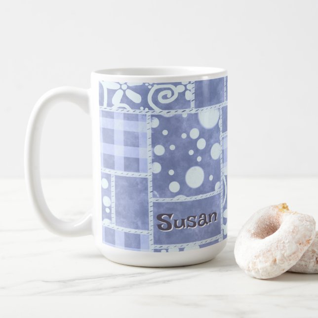 Mug Crazy Quilt Blue Gingham Floral Personalized  (Avec donut)